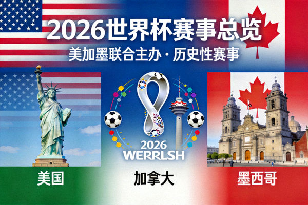 2026世界杯赛事总览，展示美加墨三国地标与世界杯标志，联合主办的历史性赛事